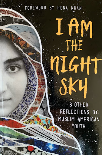 I Am the Night Sky Book Cover - women wearing hijab with various pictures digitally integrated into the hijab.
